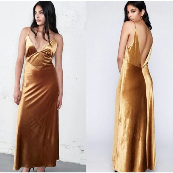 BARDOT DRESS XL MAXI CAPRI SLIP LONG GOWN VELVET VELOUR GOLD MARIGOLD OPEN BACK2 - Picture 2 of 15